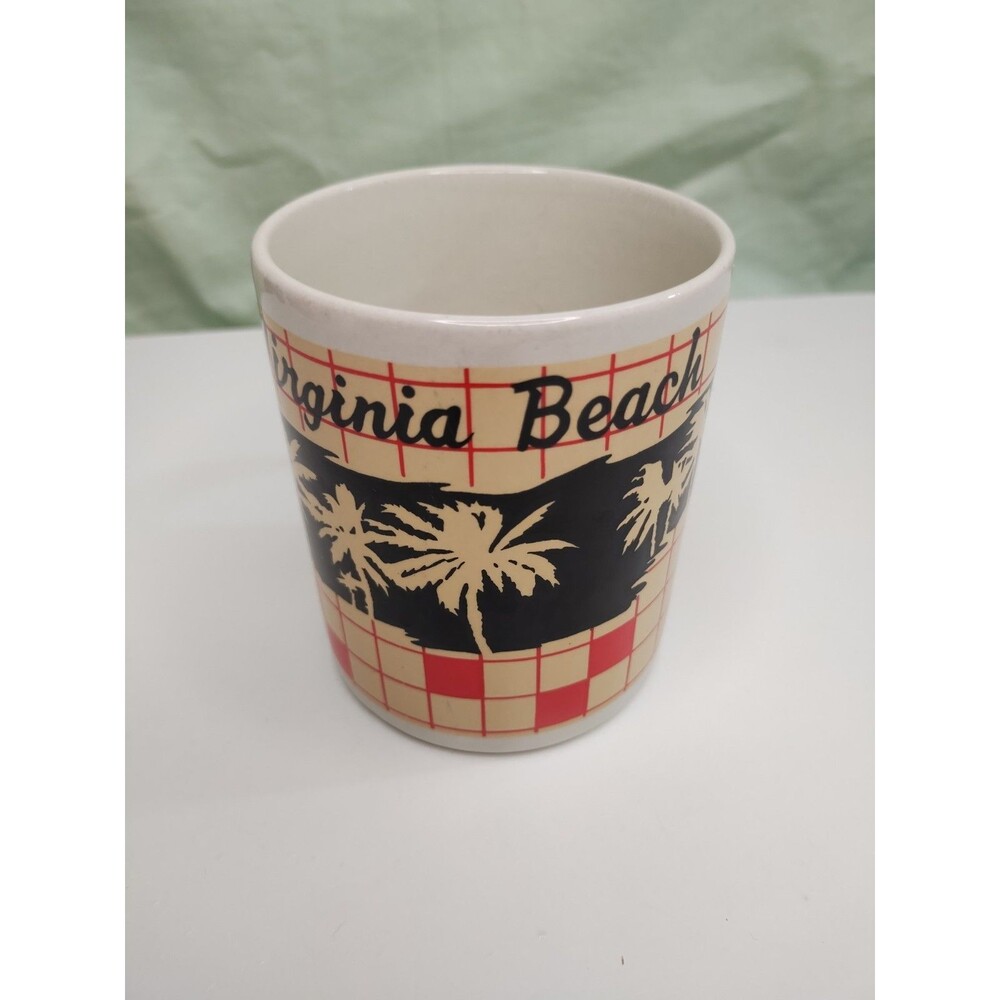 Virginia Beach Souvenir Cup Mug Red /Checkered Palm Trees Vacation Coffee  Drink